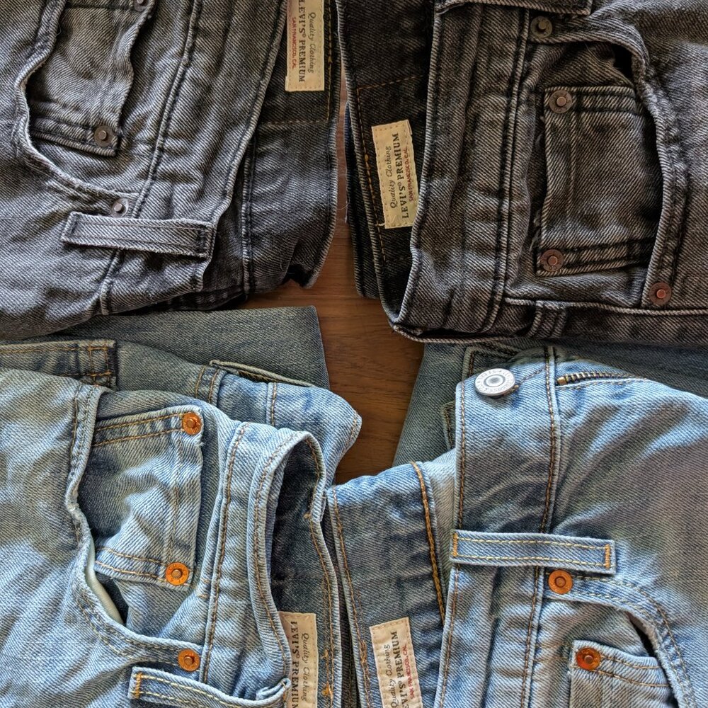 4 pairs of Levis 512 premium stretch selvedge denim jeans 30x32 blue and black